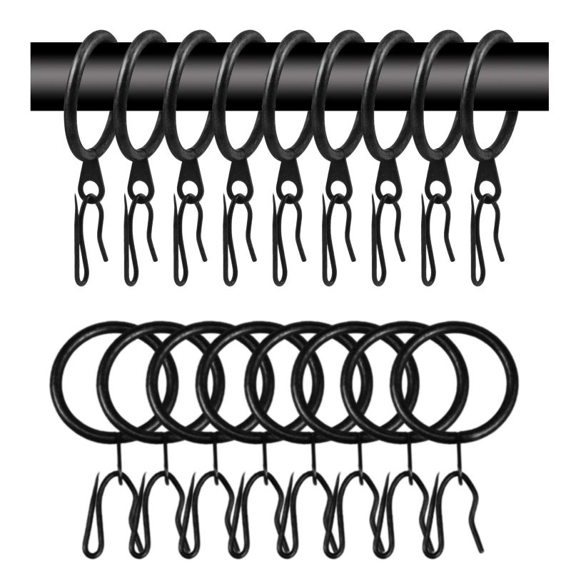Wision 40 Pcs Metal Curtain Drapery Rings Curtain Rod Rings and 40 Pcs Metal Curtain Drapery Hooks Drapery Pins  30 mm Internal Diameter Decorative Curtain Hanging Rings for Window Door Curtain (Black) - Image 1